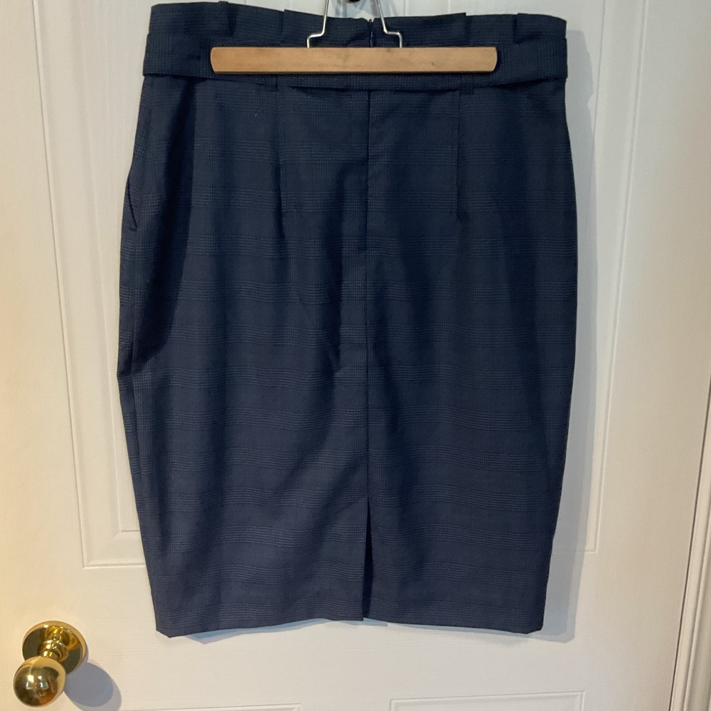 Banana Republic Pencil Skirt Womens 2P Blue Plaid Paperbag Waist Belted